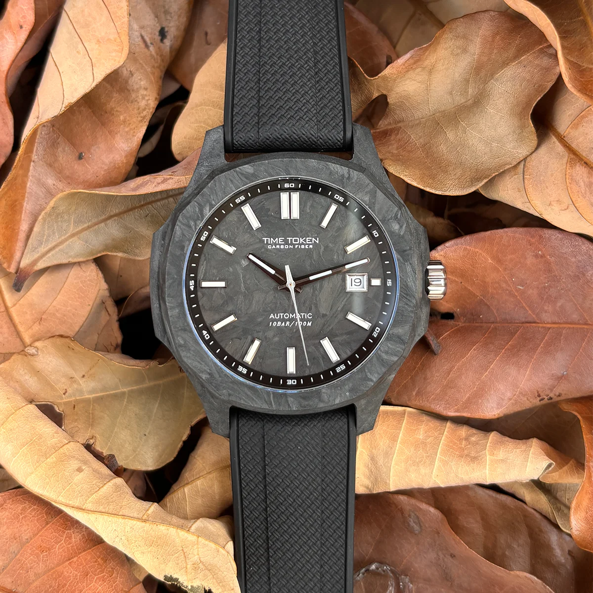TIMETOKEN Carbon Fiber Case Automatic Mechanical Watch for Men 100M Waterproof Rubber Strap Outdoor Sport Dive WristWatches T586