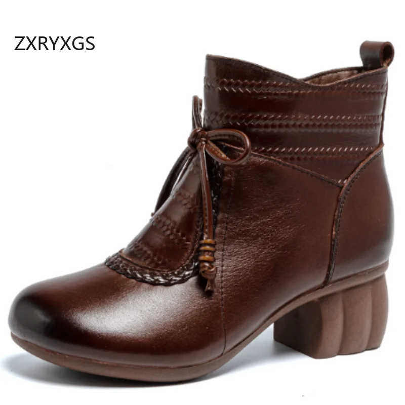 

ZXRYXGS Top Cowhide Bow Size Zip Elegant Fashionable Boots 2025 Autumn Winter Genuine Leather Boots Thick Mid Heel Women Boots