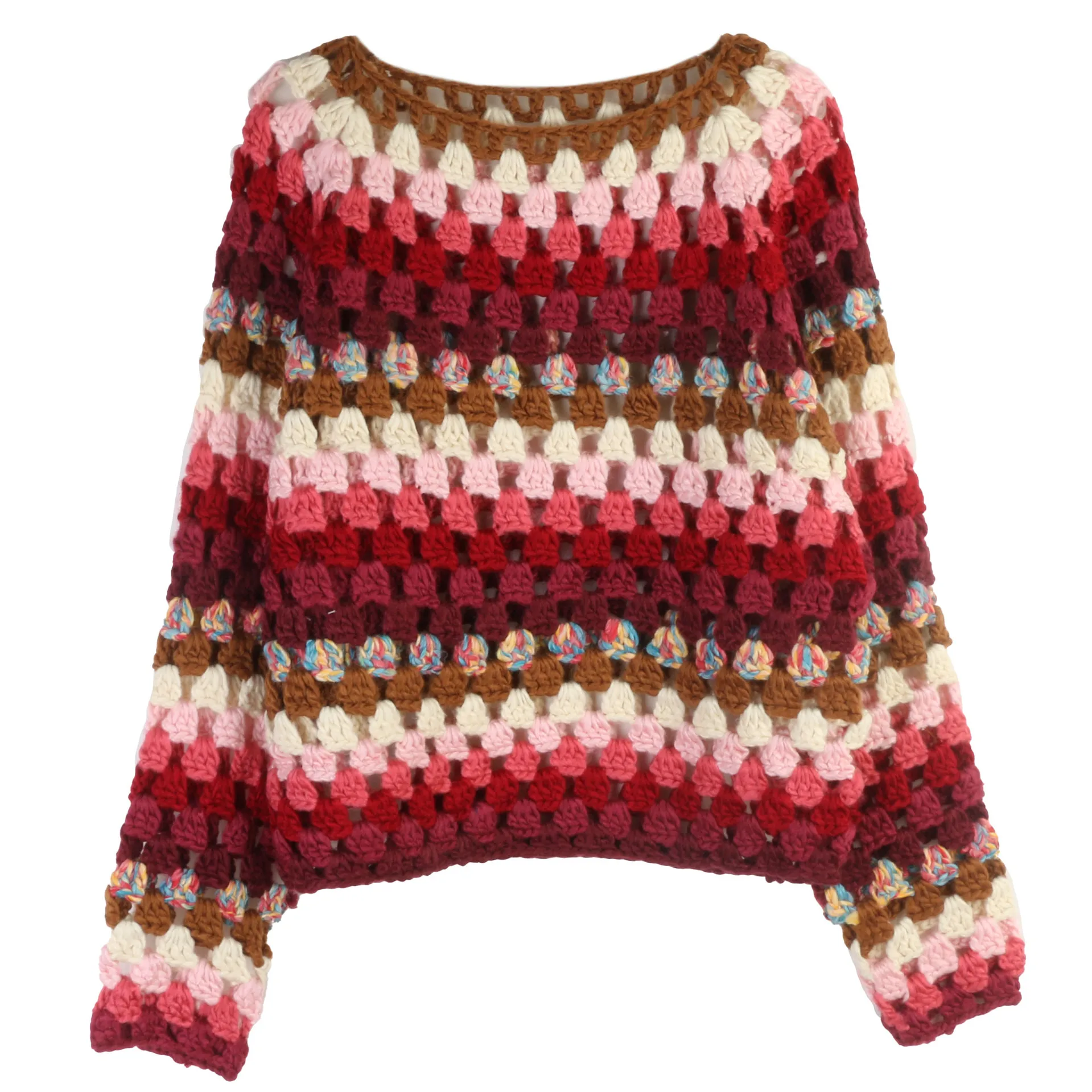 2025 Autumn And Winter Bohemian Rainbow Hand Crocheted Long-sleeved Sweater Pullover Tops Women's Loose Fashion Retro Sweater