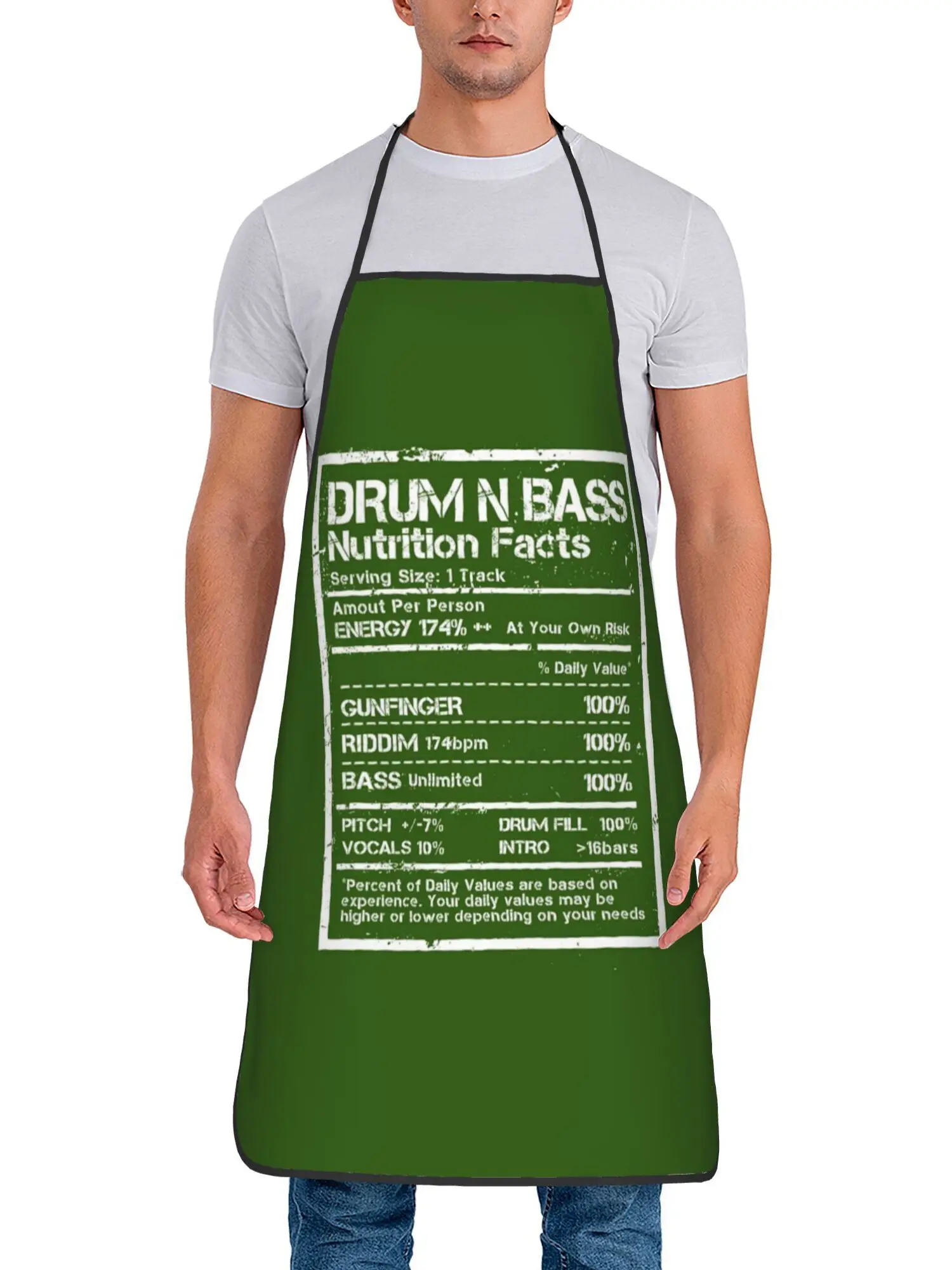 Retro Drum Bass Nutrition Fact Text All Over Print Waterproof Cooking Apron For DJ Backyard BBQ Home Kitchen Streetwear Gift