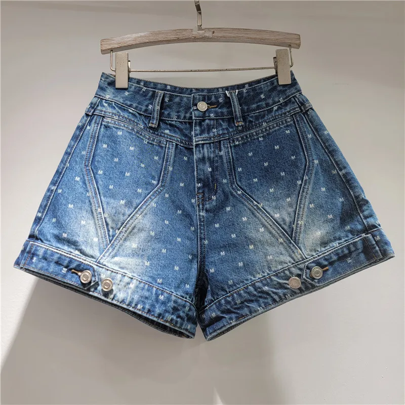 

Retro High Waist Letter Denim Shorts for Women 2026 Summer Loose A-line Hot Pants Slimming Look