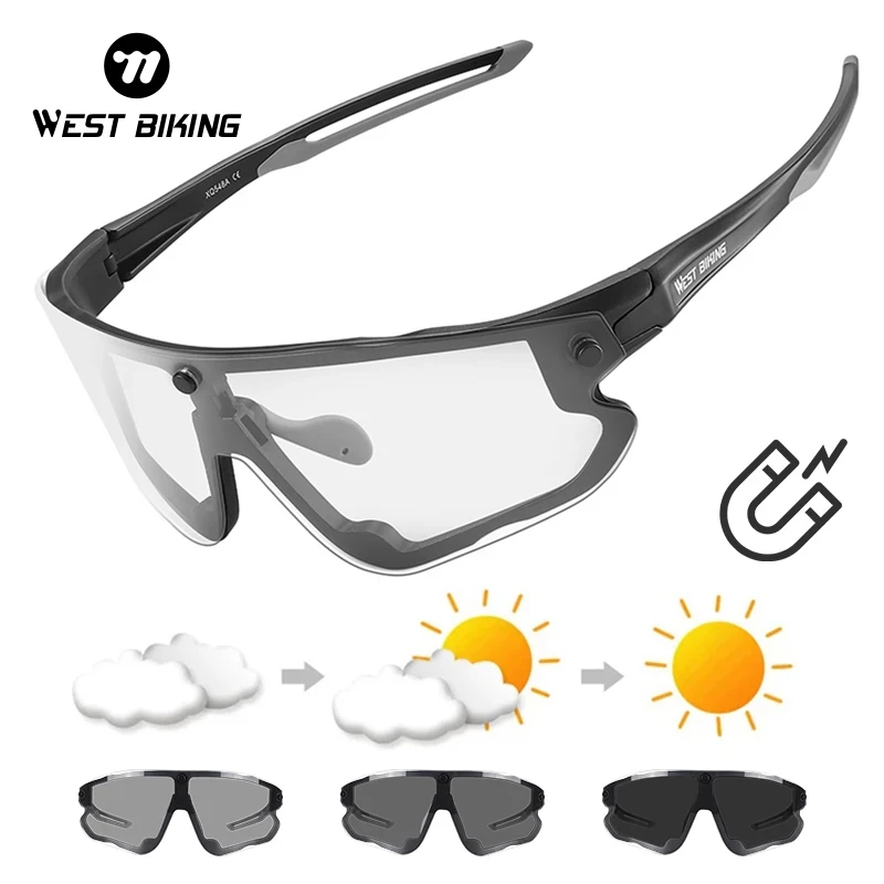 WEST BIKING UV400 Photochromic Cycling Glasses Ultralight TR-90 Frame Magnetic Adsorption Lenses Cool Biking Fishing Sunglasses