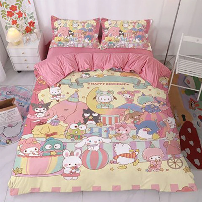 Sanrios My Melody Kuromi Anime Cartoon Bedding Sheet Type Cotton Soft Sets Quilt Cover Bed Sheets Four-Piece Set Bed Accessories