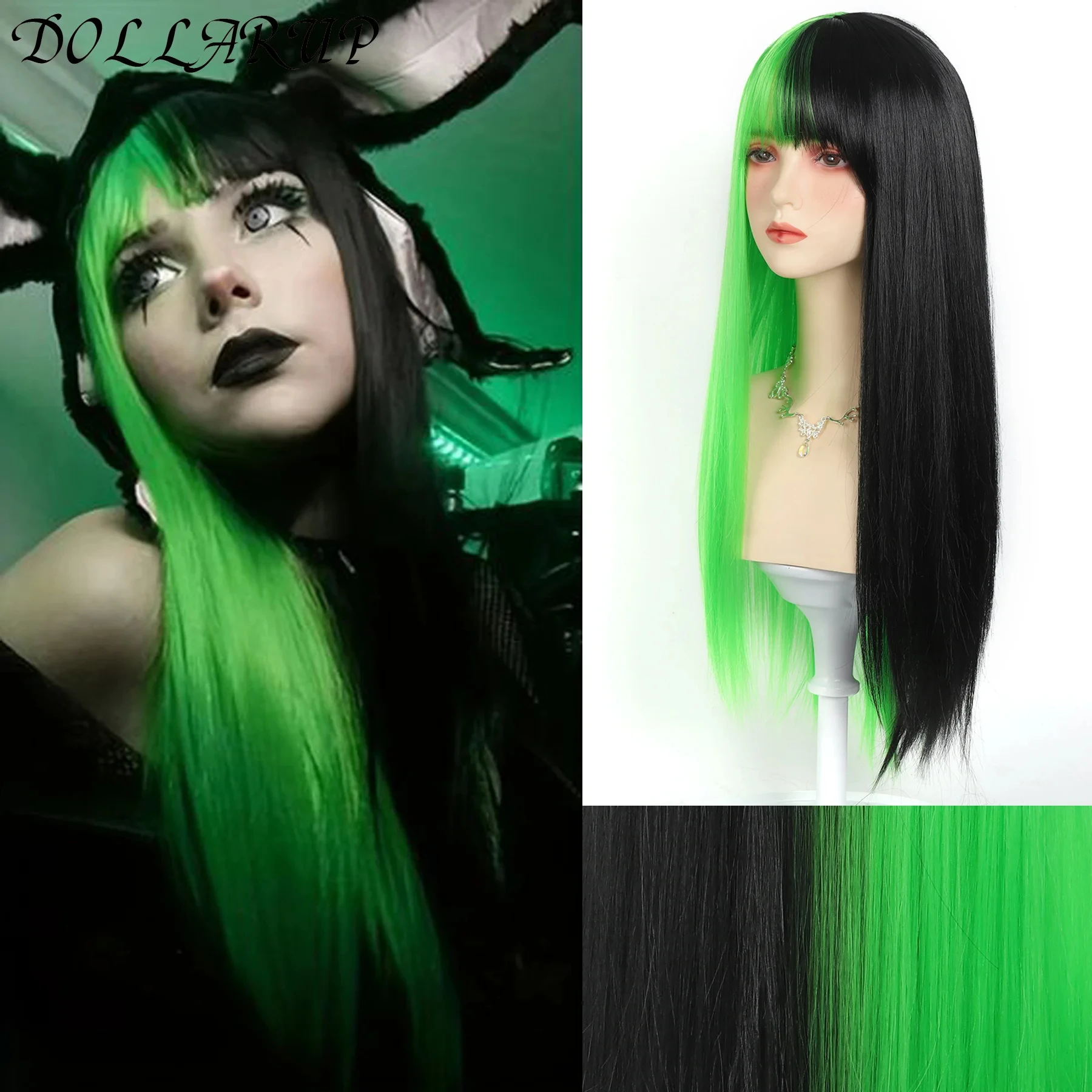 

JKL Synthetic Wigs Lolita Cosplay Wig Half Green Half Black Wig Long Straight Wig With Bangs Cosplay Wig Two Tone Ombre Wigs