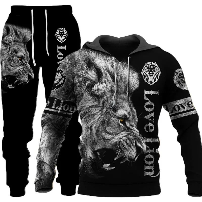 De Tijger 3d Bedrukte Heren Sweatshirt Hoodies Set Heren Leeuw Trainingspak/Trui/Jas/Broek Sportkleding Herfst Winter Heren Pak