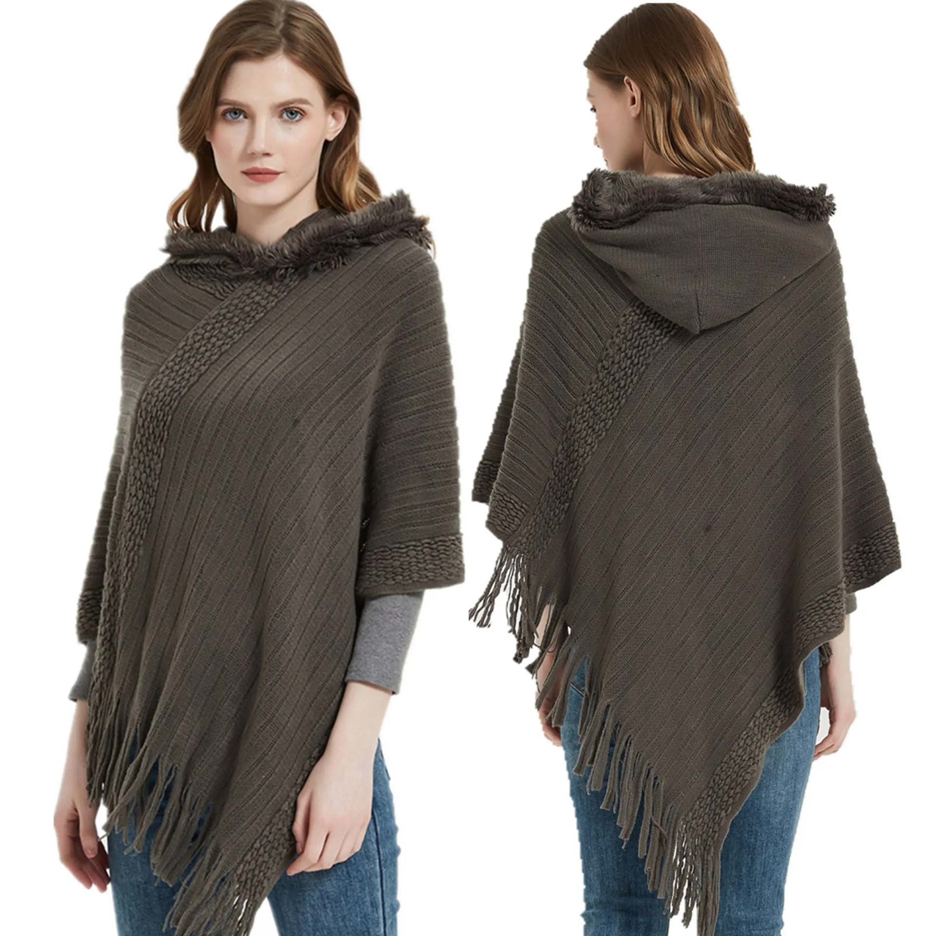 

Knitted Hooded Shawl Women Cardigan Poncho All-match Fringed Striped Scarf Winter Imitation Cashmere Loose Coat Cloak E966