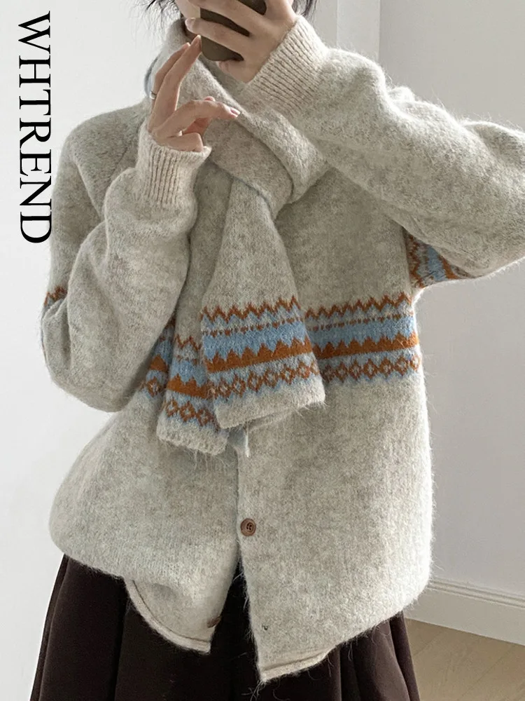 

WHTREND жаккардовый кардиган-свитер для женщин с шарфом, свободный и теплый свитер с круглым вырезом, пальто, осень и зима, новинка WH216