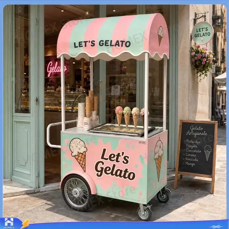 Stainless Steel Mobile Ice Cream Cart Vintage Food Trolley with Tarp Top for Beach Park Street Vendor Commercial Use