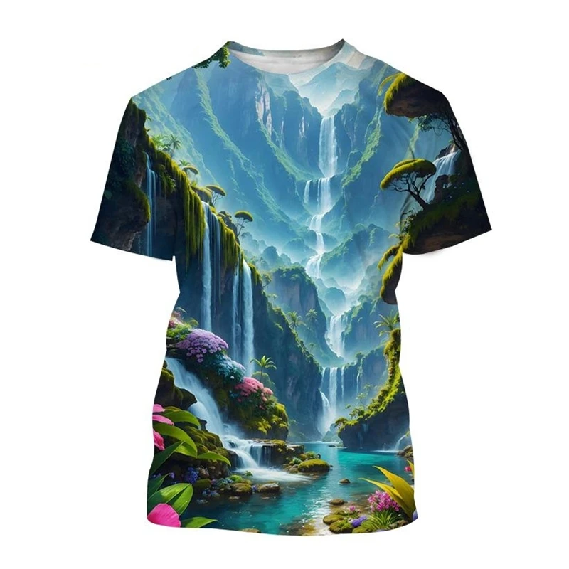 Landscape 3D Printed T-shirt Scenery Painting Art T Shirt For Men Fashion Round Neck Short-sleeved Casual Summer Tees Tops