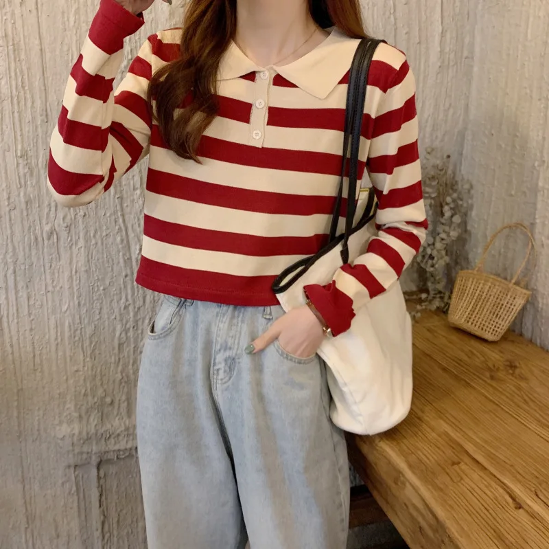 Stripe Women's Knitted POLO T-shirt Long Sleeved Youthful Elegant Style High Quality Trendy Knitwear Tops Classic Blue