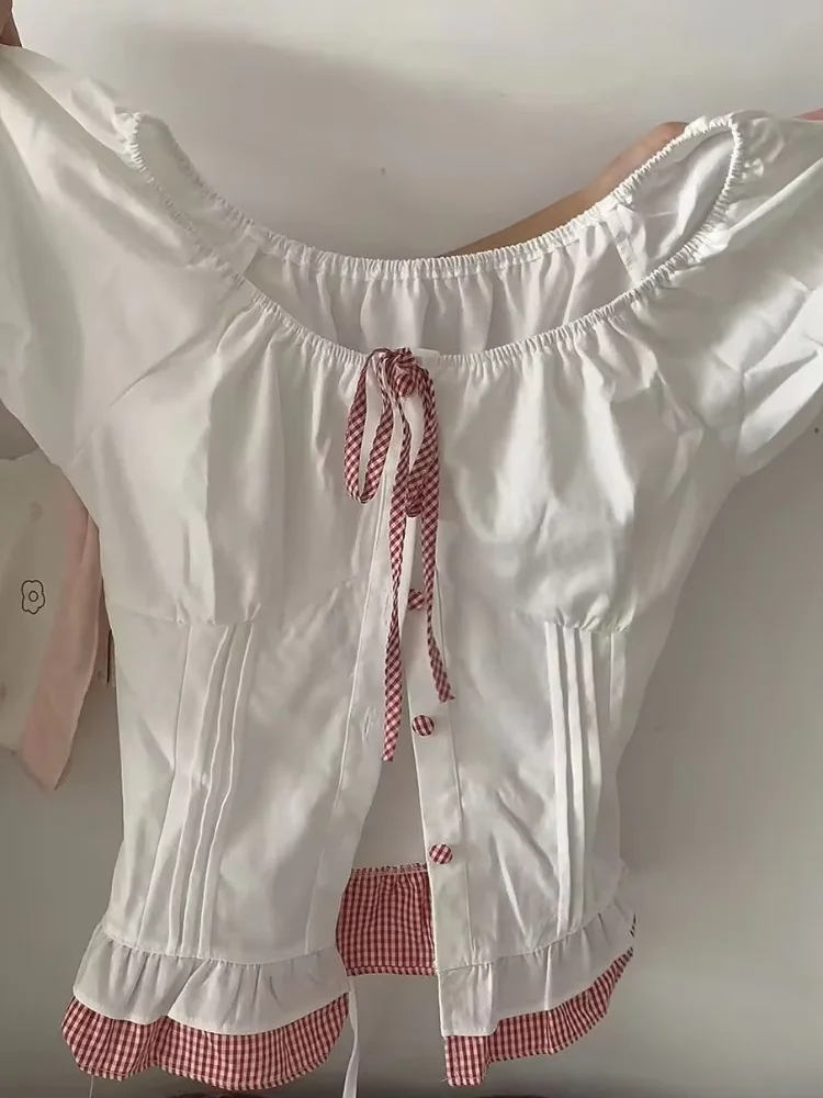 French Sweet Plaid Bandage Bow Patchwork Short Sleeve Shirt Women Summer New Folds Slim Ruffle Tops Fashion Y2k Blouse