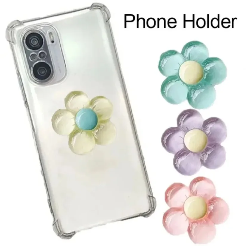 Przezroczysty kryształowy uchwyt na telefon w kształcie kwiatka, składany stojak biurkowy w kolorach cukierków, uroczy kwiatowy wysuwany uchwyt.