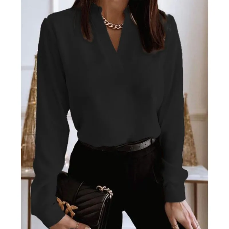 

Spring and autumn white shirt Women fashion V-neck long sleeve elegant office women' powder blusher shirt casual temperament top