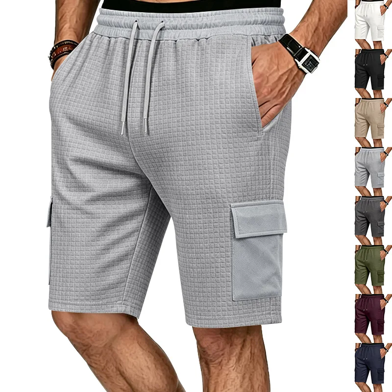 

Men's summer heavy jacquard small checkered tooling shorts, knitted elastic multi-pocket casual sweatpants