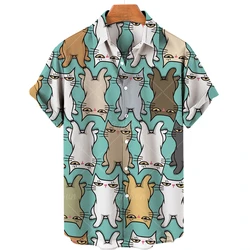 Camisas hawaianas para hombre, camisa de manga corta con estampado de gato bonito en 3D, camisa informal de moda con solapa, camisa de dibujos animados Harajuku, nueva ropa para hombre