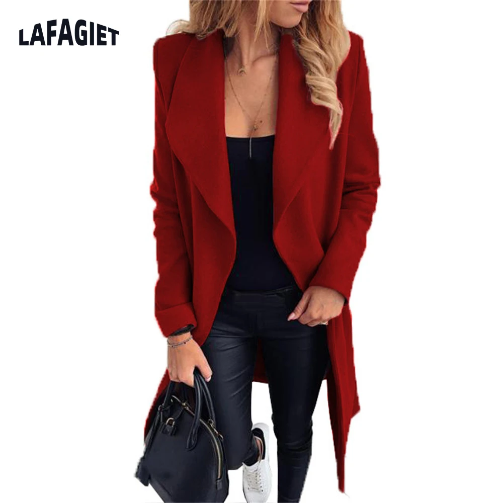 

Women Coat Autumn Winter Lapel Woolen Cloth Trench Jacket Long Overcoat Outwear Veste Female Long Sleeve Blazer Jacket New