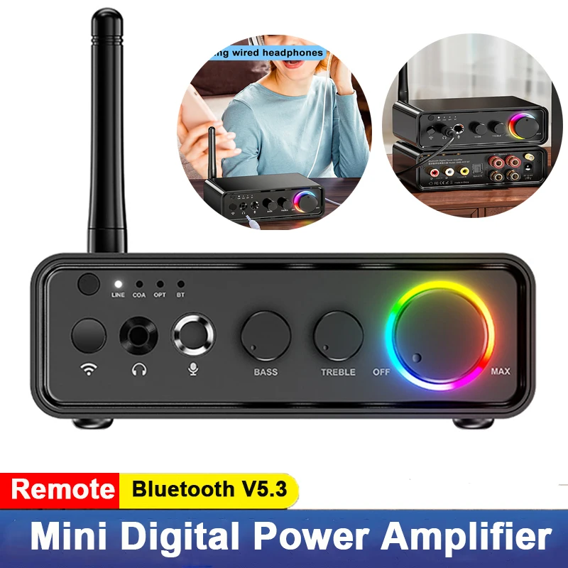 

Home Bluetooth 5.3 Dual-channel Mini Digital Power Amplifier with RGB Lights 19V3A Power Supply 100+100W Speaker Power Amplifier