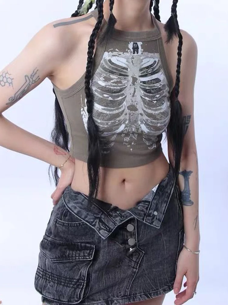 Sexy Y2K Streetwear Vintage Gothic X-ray Skeleton Print  One Shoulder Sleeve Crop Top Women Summer 90s Tank Top Harajuku Graphic