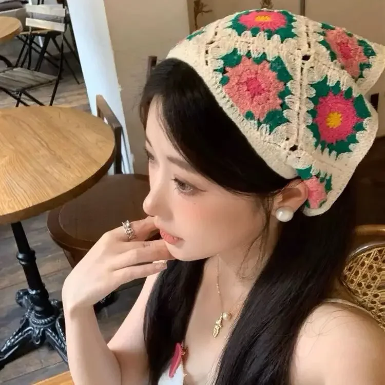 Korean Sweet Cute Handmade Crochet Hollow Triangle Headband Towel Women Spring and Summer Travel Literary Photo Hair Scarf image 5