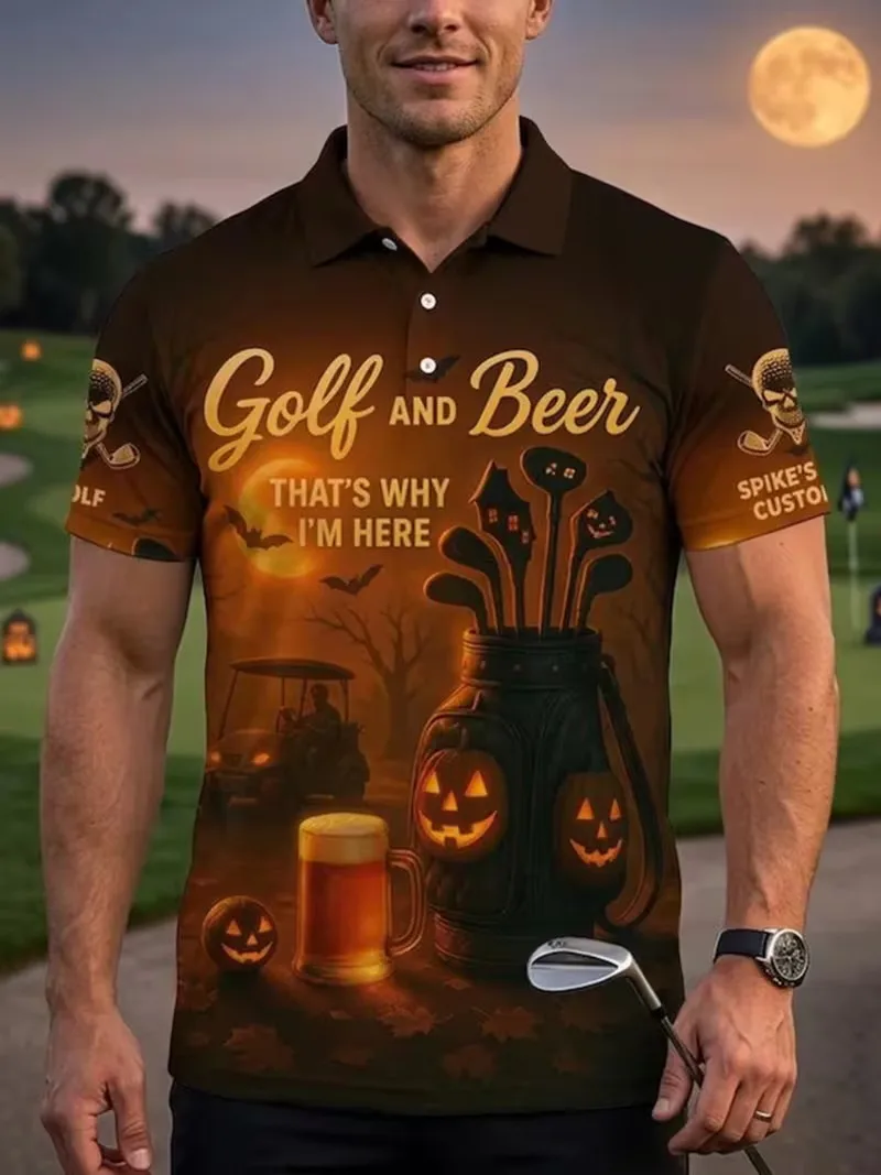 Men Halloween Golf Polo Shirt 3D All Over Print Golf And Beer Pumpkin shirt Short Sleeve Casual Sports Golfing Party polo Tops