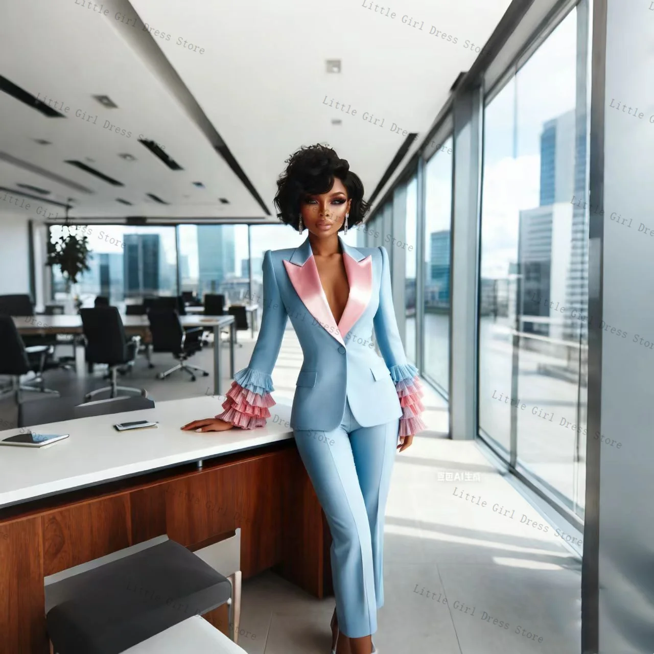 

Blue Pink Women Suit Set 2 Piece Blazer Pants Trousers Ruffles Sleeves Formal Office Lady Jacket Prom Wedding Coat Customized