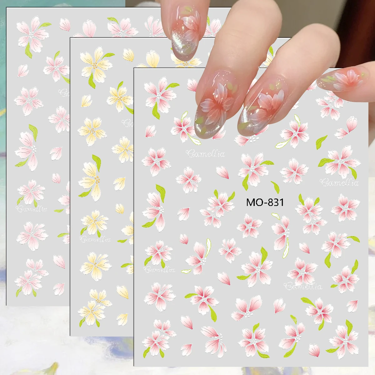 3/6/12 Sheets 5D Camellia Flower Nail Stickers Pink Yellow Floral Spring Self Adhesive Embossed Salon Manicure Nail Art Decals