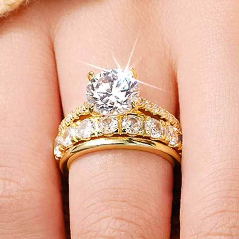 Huitan Bezaubernder Damen-Ring, 3 Stück/Set, luxuriös, für Partys, Hochzeit, schicke Accessoires, Modeschmuck, eingelegter glänzender CZ für Verlobung