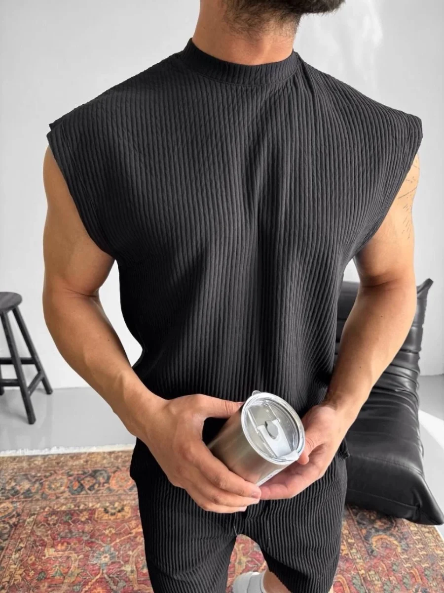 2025 New Men's Round-Neck Corduroy Solid Color Casual Vest & Shorts Set Striped Sleeveless Printed Two-Piece Men Clothing