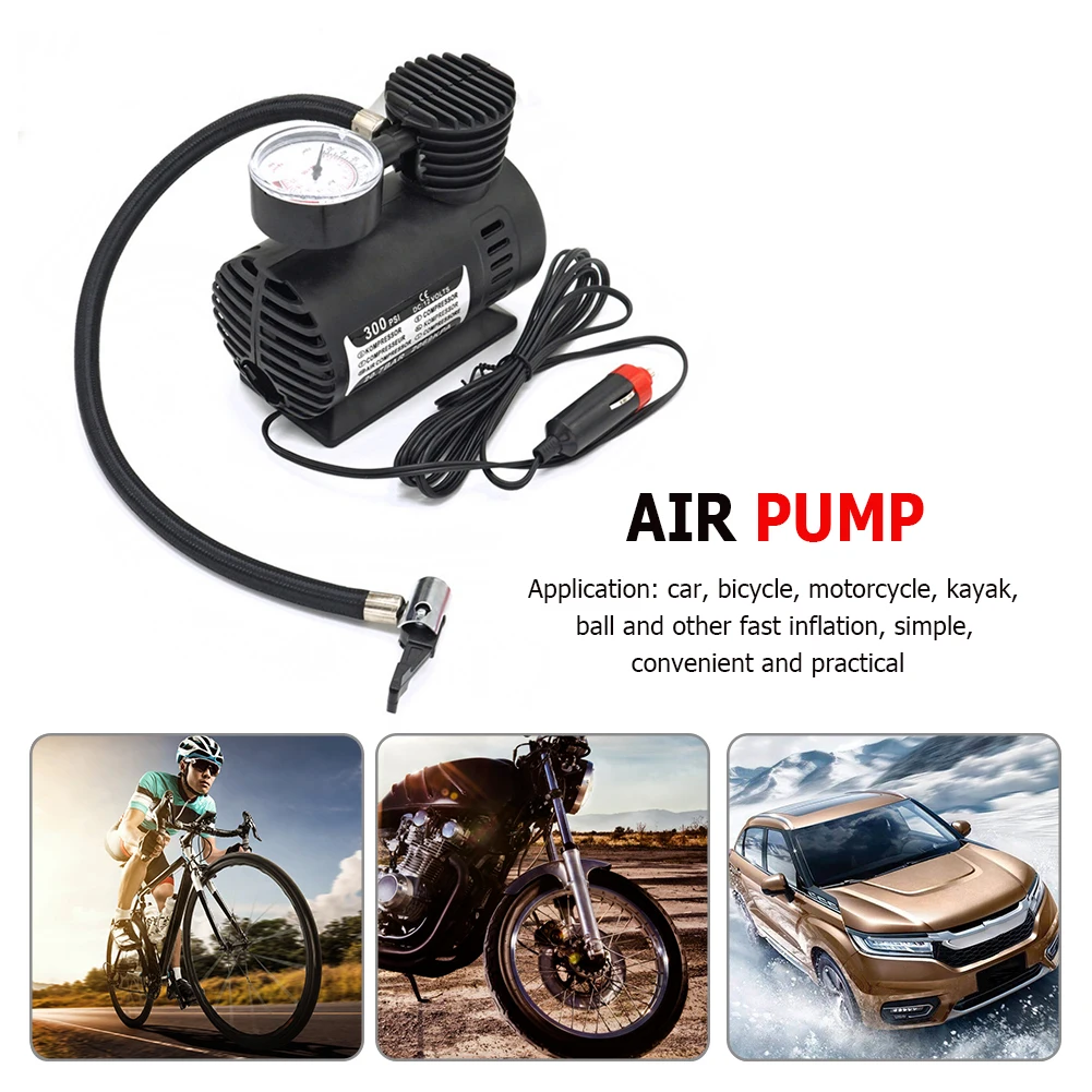 Portable 12V 300psi Mini Air Compressor Pump Tire Tyre Inflator 15LPM Quickly inflate for Auto Motorcycle Kayak Bicycle Black