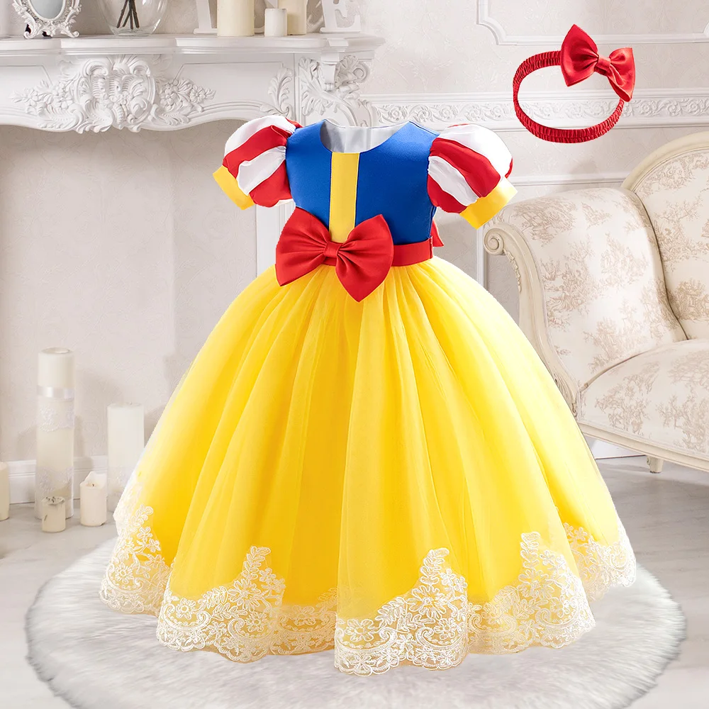 Girls Princess Dress With Head Ornament Toddler Girl Snow White Dresses Baby 2pcs Yellow Tutu Gown Kids 1st Birthday Costumes