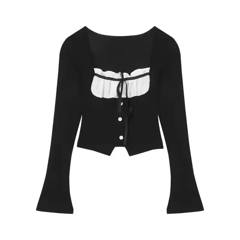 

Elegant Bow Square Collar Patchwork Tshirt Women Casual Hot Girl Sexy Slim Y2k Crop Tops Female Korean Fashion Sweet Tees Chic