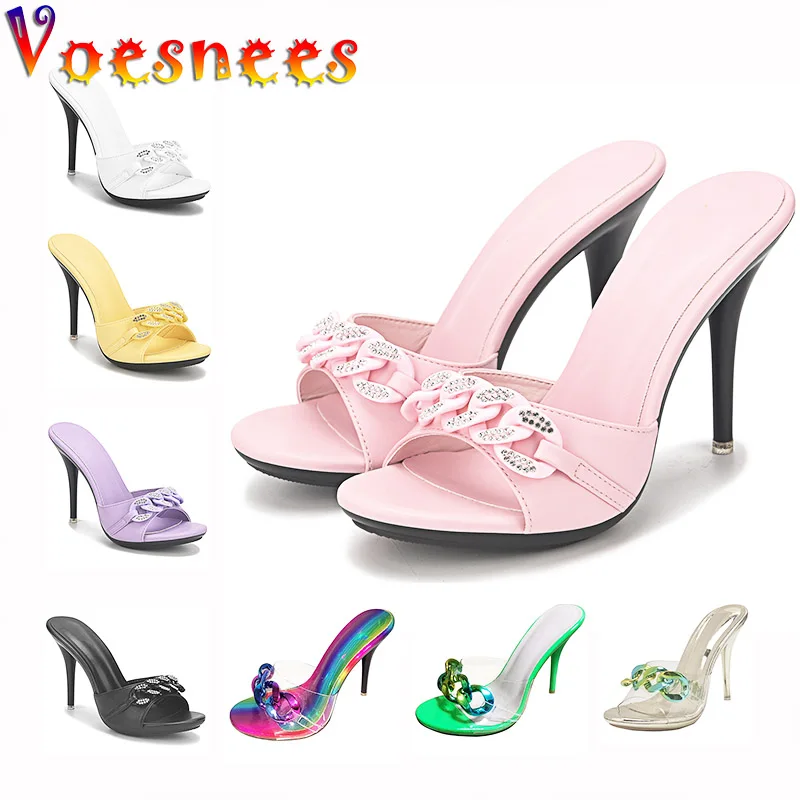 Candy Color High Heel Slippers Women Pumps Fashion Design Antiskid Scuffs Sole Ladies Shoes New Summer Rhinestone Chain Sandals