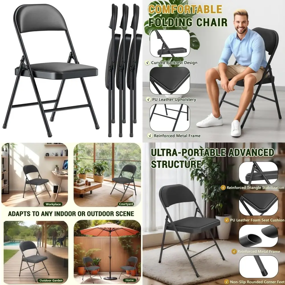 

Набор из 4 удобных складных стульев с мягкими сиденьями из искусственной кожи, прочная металлическая конструкция для использования в помещении и на улице, идеально подходят для дома и офиса.