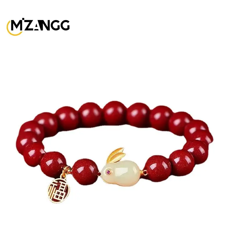 Natural Red Vermilion Jade Rabbit Bracelet Inlaid with Hetian Jade Rabbit Round 8mm Beads String Fashion Jewelry Lady Mom Gift