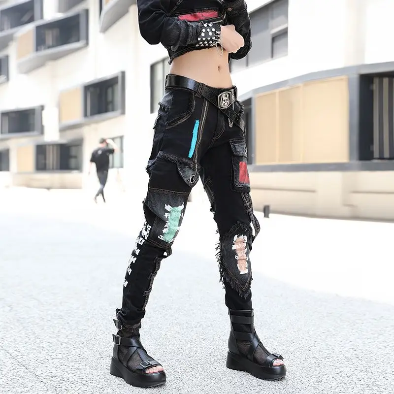 Jean pour femmes, noir foncé, blocage de couleur, design de niche, sens, à la mode, nouveau sarouel personnalisé, tendance, automne