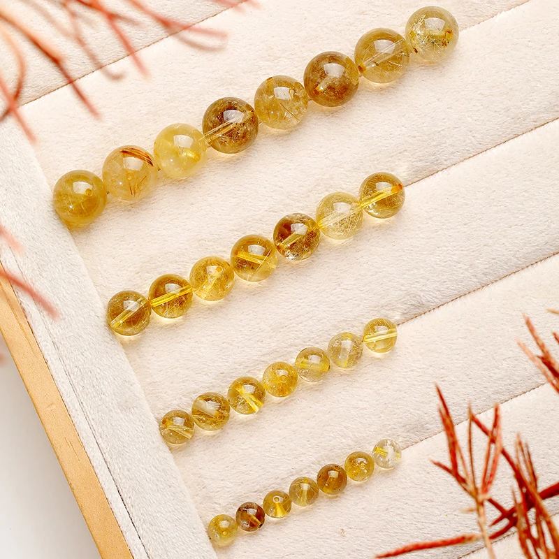 10 Pcs/lot Natural Stone Ice Gold Rutilated Quartz Beads Round Loose Spacer Beads for Jewelry Making DIY Bracelet Accessories