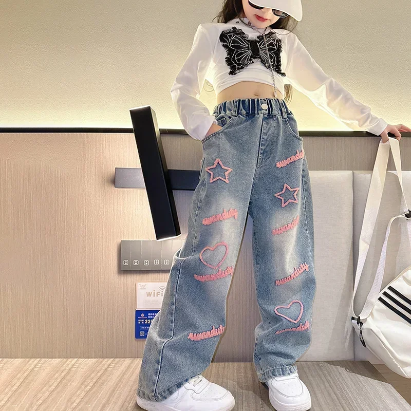 New 2024 Spring Teenagen Girls Jeans Stars Love Towel Embroidered wide Leg Long pants Baggy Denim Trousers for 4-13yrs Kids Girl