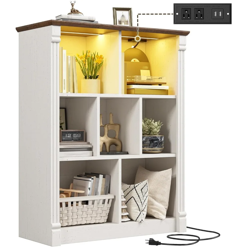

7 Cube Storage Organizer with LED Light and Charging Station Wood Cube Shelf White Bookshelf for Bedroom Living Room,Office,Whi