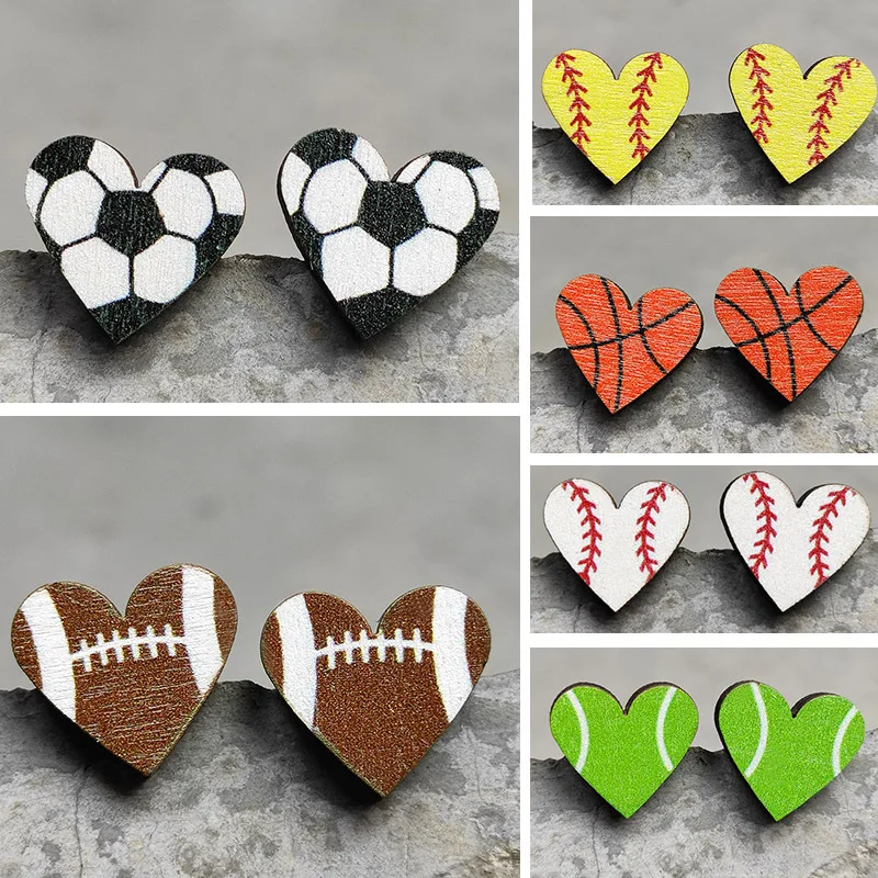 Picture: Retro Sports Earrings Heart Shaped Sports Baseball Studs Rugby Football Volleyball Basketball Ear Studs Fashion Jewelry