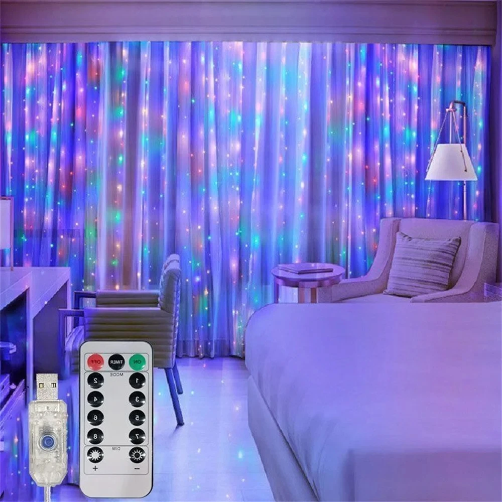 LED الستار سلسلة أضواء عيد الميلاد جارلاند الجنية مصباح USB بالطاقة مع 8 وضع التحكم عن بعد لتزيين حديقة غرفة حفل الزفاف