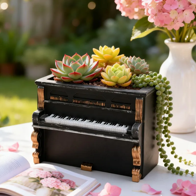 Creative Mini Piano Flower Pot Retro Style Resin Planter for Succulents Small Plants Home Office Desktop Decoration Piece