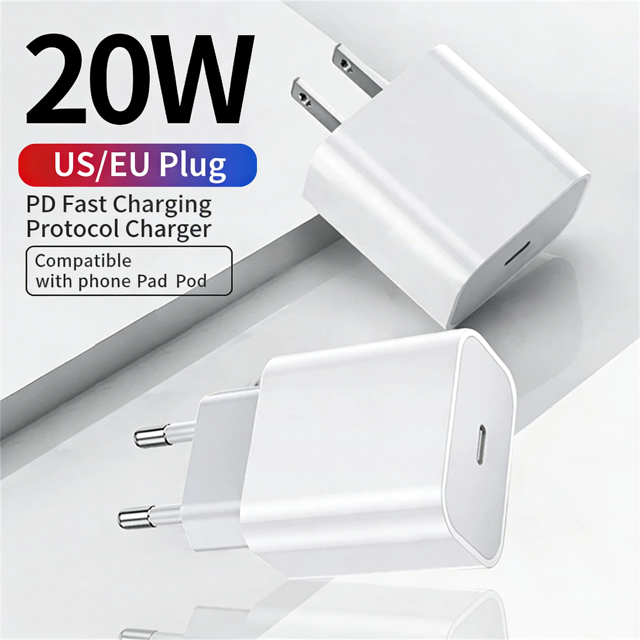 

Быстрое зарядное устройство с вилкой европейского и американского стандарта PD 20 Вт USB C, дорожное зарядное устройство, адаптер питания, зарядное устройство для iPhone17, iPhone16, iPhone15, iPad