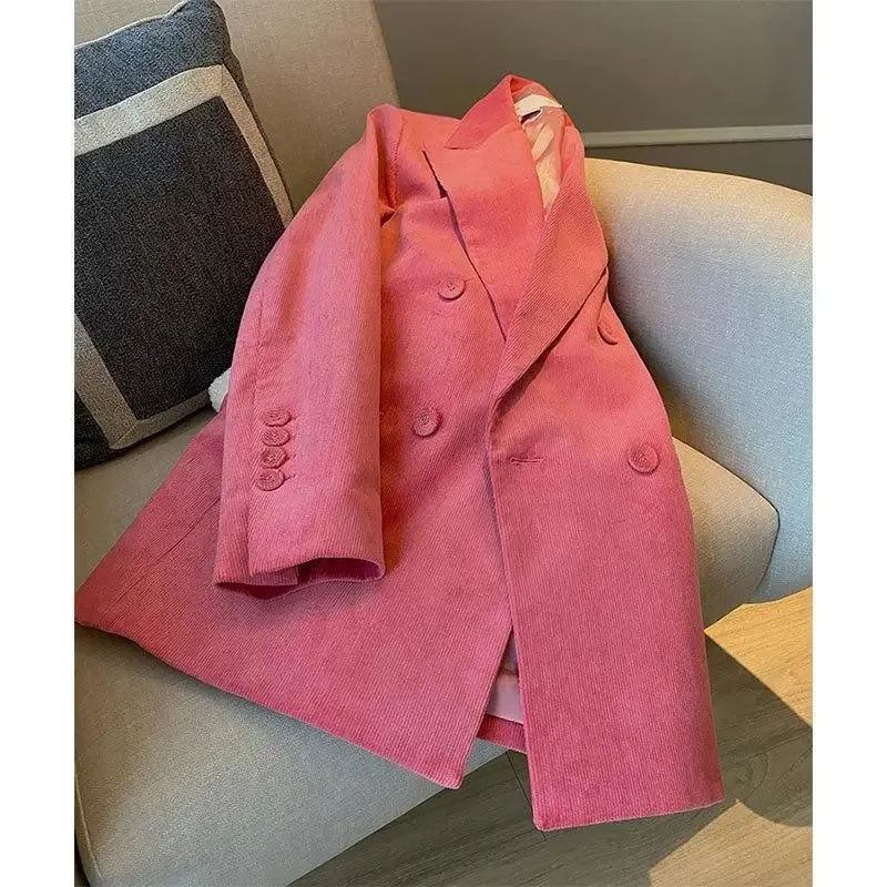 Insozkdg 2024 autunno inverno New Pink velluto a coste maniche lunghe giacca da donna Chic Design Sense High-End Blazer vendita calda Lady Top