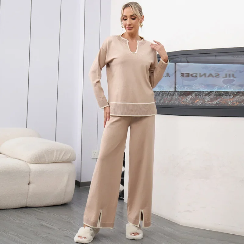 

European American Cross-border Autumn Winter Women's Clothing U-neck Knitted Sweater Set Split-ended Wide-leg Pants Two-piece