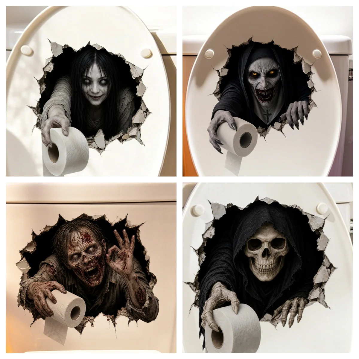 Halloween 3D Crack Wall Toilet Sticker Horror Ghost Skeleton Zombie Witch Decal Removable Bathroom Toilet Lid Party Decor