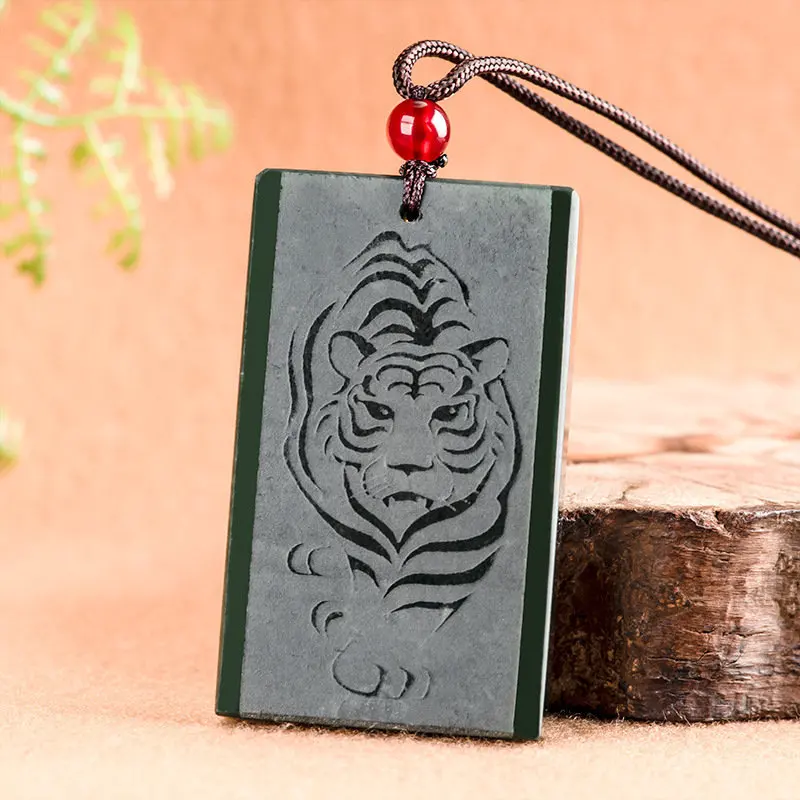 Natural Hetian Jade Cyan Tiger Pendant, Hand-Carved Roaring Mountain Good Luck Amulet for Men Women