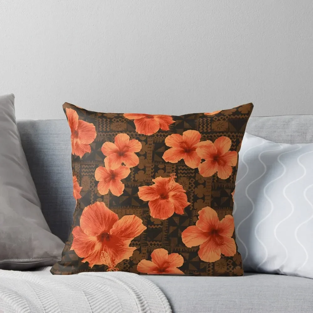 

Kalalau Tapa Hawaiian Hibiscus Vintage Aloha Print - Orange & Brown Throw Pillow Sofa Cushions Luxury Cushion Cover pillow