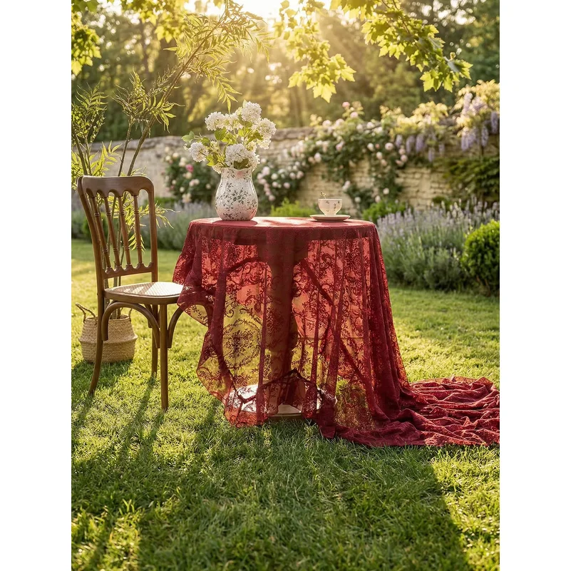 Bohemian Wine Red Floral Lace Tablecloth, Oversized Drapey Lace Table Cover for Photo Shoot, Vintage Aesthetic Home & Event Deco