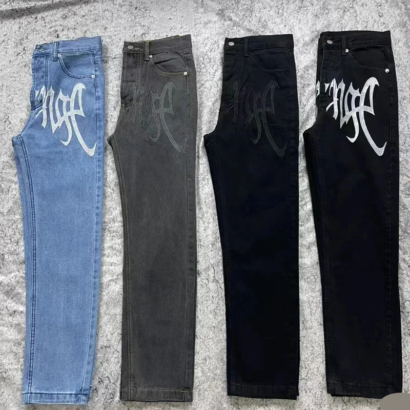 Real High StreetStraight Barrel Jeans Washed Do Old Embroidered Letter LOGO Hip Hop Tooling Men Clothing