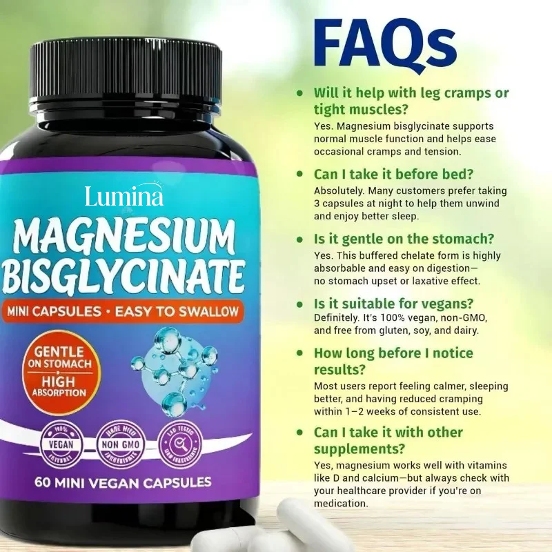 Magnesium Glycinate Capsules Chelated Magnesium Supplement for Muscle Health Support -60 Capsules